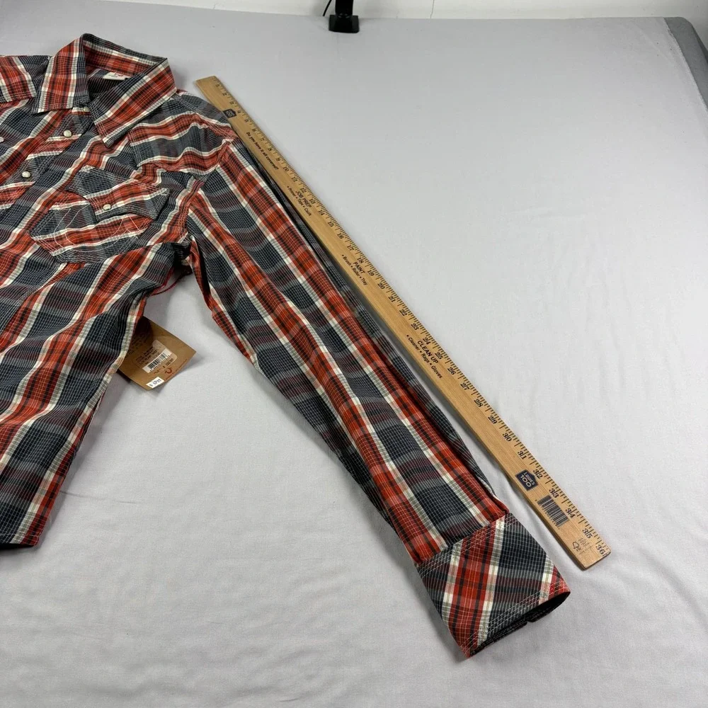 True Religion Western Shirt Mens 3XL Orange Plaid Pearl Snap Up Long Sleeve‎ NEW